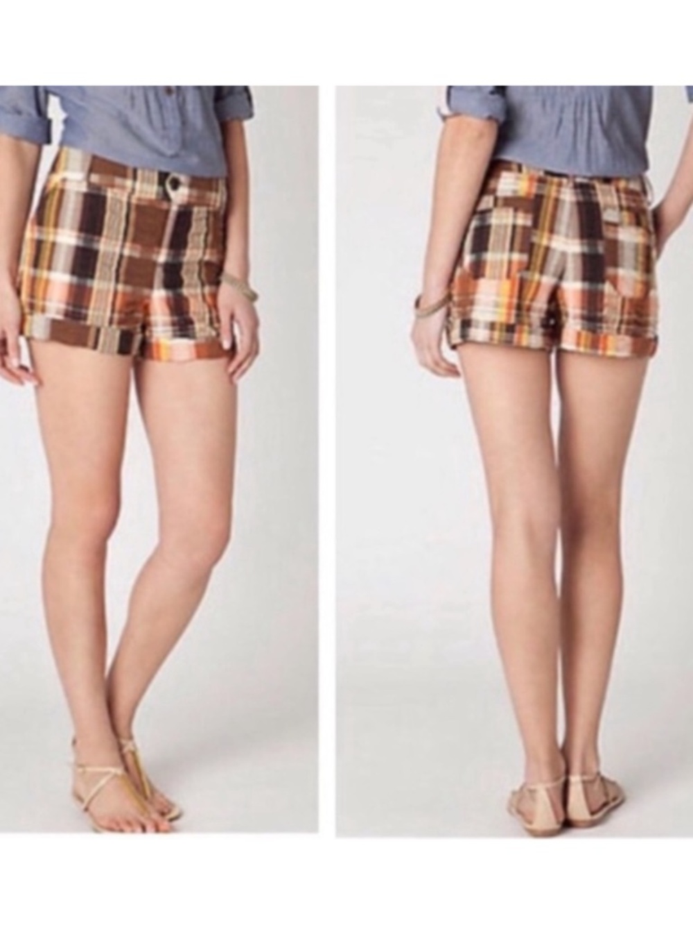 Elevenses Madras Neutral Plaid Cuffed Knit Shorts Sz 8
